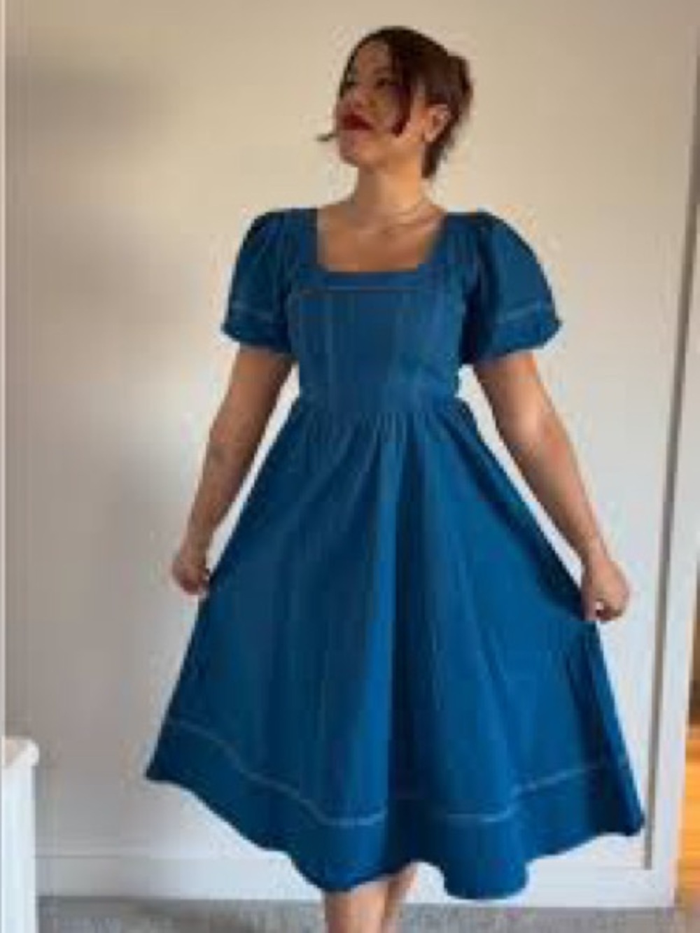 Moon River Teal-Blue Square Neck Midi Dress with Puff Sleeves